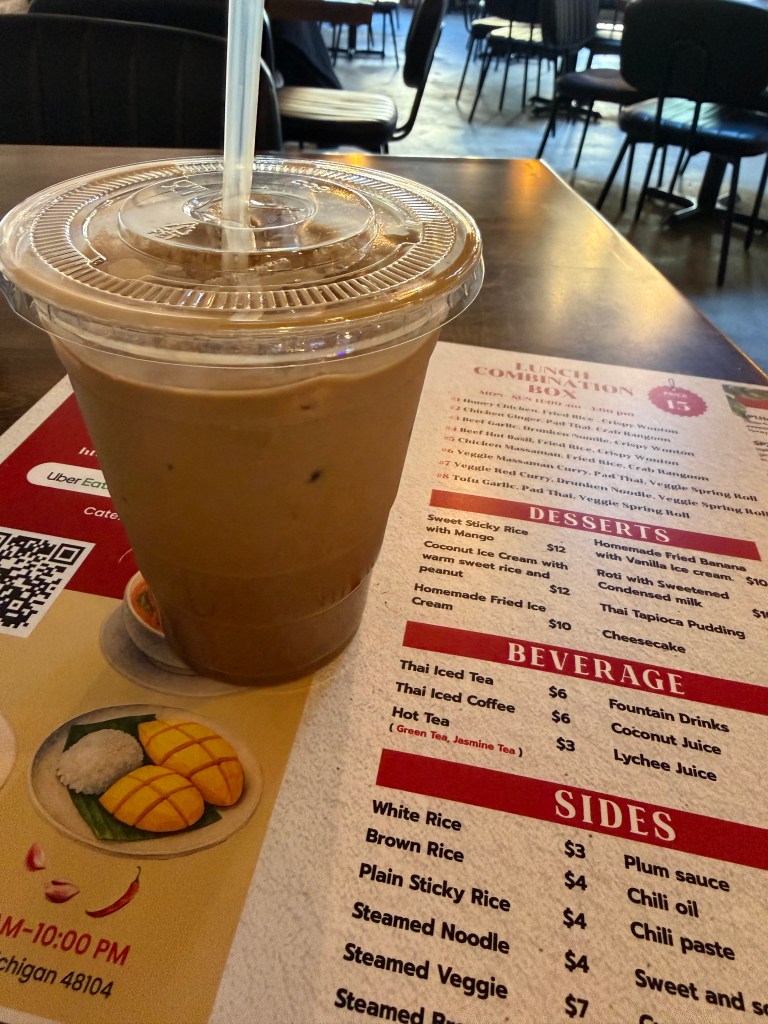 Thai Iced coffee is definitely my favorite drink at the moment. I go out of my way every time to walk to Eat Thai whenever I am craving good coffee, and you should too if possible! Photo by Zainab Husein (February 16, 2026).